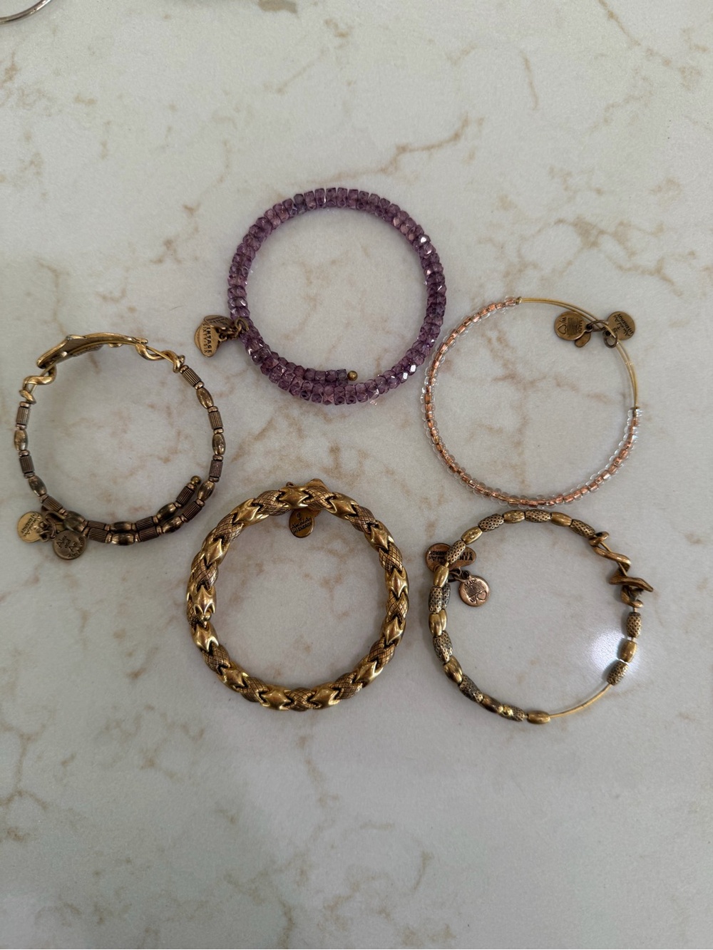 Alex and Ani Purple Beaded and Mixed Metal Bracelet Set (7 bracelets)